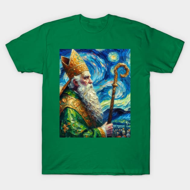 Saint Patrick at Starry Night T-Shirt by FUN GOGH